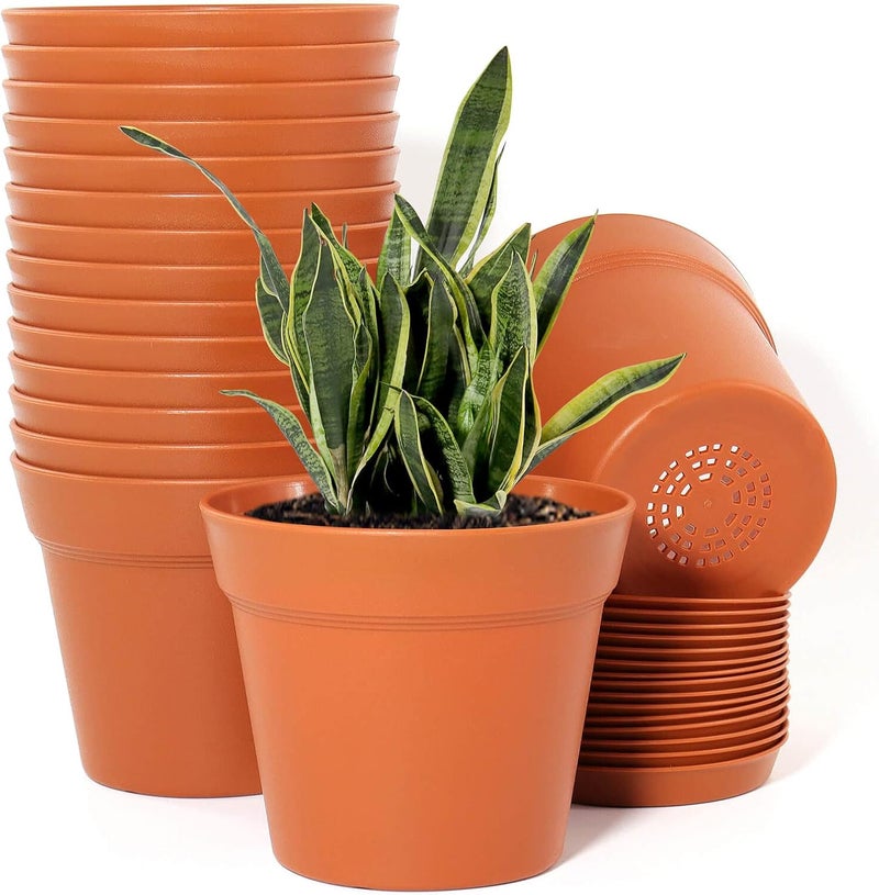 WOUSIWER 16 Pack 6 inch Plastic Planters, Plastic Indoor Planter Flower Pots, Heavy Duty and Stylish 6 Inch Plant Pots for Indoor Plants with Drainage Holes and Tray for Plants, Flowers, Terracotta - Image 2